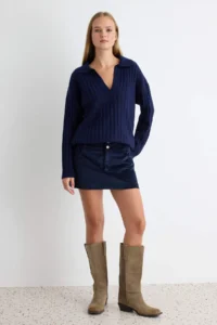 TRENDYOLMİLLA NAVY BLUE Soft textured Polo Shirt Collar Knitwear Sweater - Image 2