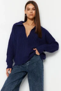 TRENDYOLMİLLA NAVY BLUE Soft textured Polo Shirt Collar Knitwear Sweater - Image 5