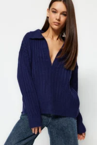 TRENDYOLMİLLA NAVY BLUE Soft textured Polo Shirt Collar Knitwear Sweater - Image 6