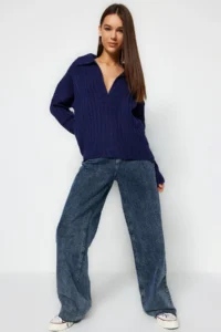 TRENDYOLMİLLA NAVY BLUE Soft textured Polo Shirt Collar Knitwear Sweater - Image 7