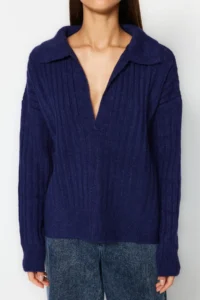 TRENDYOLMİLLA NAVY BLUE Soft textured Polo Shirt Collar Knitwear Sweater - Image 8
