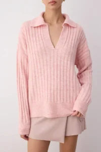 TRENDYOLMİLLA Powder PINK Soft textured Polo Shirt Collar Knitwear Sweater - Image 3