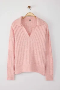 TRENDYOLMİLLA Powder PINK Soft textured Polo Shirt Collar Knitwear Sweater - Image 5