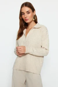 TRENDYOLMİLLA Stone Soft textured Polo Shirt Collar Knitwear Sweater