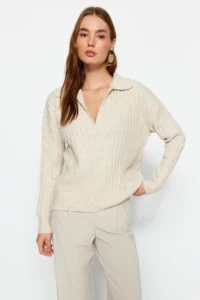 TRENDYOLMİLLA Stone Soft textured Polo Shirt Collar Knitwear Sweater - Image 3