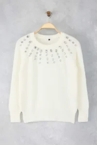 TRENDYOLMİLLA Ecru Soft textured Jeweled Knitwear Sweater - Image 5