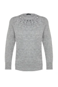 TRENDYOLMİLLA Gray Soft textured Stone Detailed Knitwear Sweater - Image 6