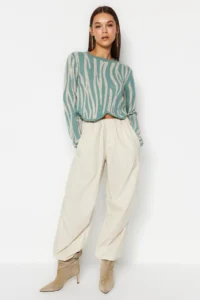 TRENDYOLMİLLA MINT Crop Zebra Patterned Color Bloklu Knitwear Sweater - Image 2