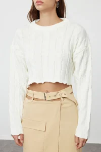 TRENDYOLMİLLA Ecru Super Crop Hair Knitting Knitwear Sweater - Image 4