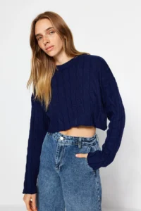 TRENDYOLMİLLA NAVY BLUE Super Crop Hair Knitting Knitwear Sweater - Image 2