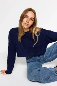 TRENDYOLMİLLA NAVY BLUE Super Crop Hair Knitting Knitwear Sweater - Image 3