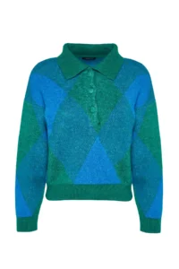 TRENDYOLMİLLA Green Wide Pattern Polo Shirt Collar Baklava Patterned Knitwear Sweater - Image 6