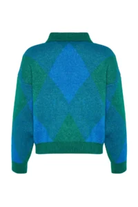 TRENDYOLMİLLA Green Wide Pattern Polo Shirt Collar Baklava Patterned Knitwear Sweater - Image 8