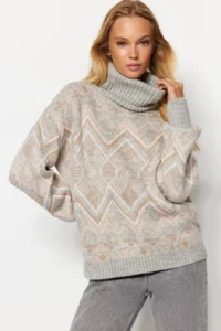 TRENDYOLMİLLA Gray Ethnic Patterned Soft textured Wide Pattern Turtleneck Knitwear Sweater