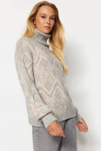 TRENDYOLMİLLA Gray Ethnic Patterned Soft textured Wide Pattern Turtleneck Knitwear Sweater - Image 2