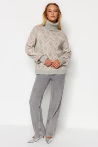 TRENDYOLMİLLA Gray Ethnic Patterned Soft textured Wide Pattern Turtleneck Knitwear Sweater - Image 3