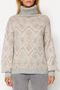 TRENDYOLMİLLA Gray Ethnic Patterned Soft textured Wide Pattern Turtleneck Knitwear Sweater - Image 4