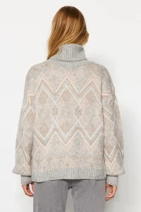 TRENDYOLMİLLA Gray Ethnic Patterned Soft textured Wide Pattern Turtleneck Knitwear Sweater - Image 5
