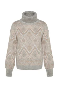 TRENDYOLMİLLA Gray Ethnic Patterned Soft textured Wide Pattern Turtleneck Knitwear Sweater - Image 6
