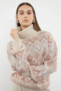 TRENDYOLMİLLA Stone Ethnic Patterned Soft textured Wide Pattern Turtleneck Knitwear Sweater