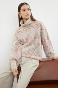 TRENDYOLMİLLA Stone Ethnic Patterned Soft textured Wide Pattern Turtleneck Knitwear Sweater - Image 2