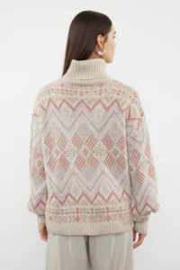 TRENDYOLMİLLA Stone Ethnic Patterned Soft textured Wide Pattern Turtleneck Knitwear Sweater - Image 5