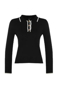 TRENDYOLMİLLA Black Mercerized Look Premium/Special Thread Polo Shirt Collar Knitwear Sweater - Image 6