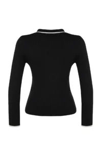 TRENDYOLMİLLA Black Mercerized Look Premium/Special Thread Polo Shirt Collar Knitwear Sweater - Image 7