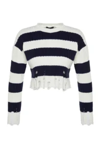 TRENDYOLMİLLA Ecru Crop Wide Pattern Striped Flow Detailed Knitwear Sweater - Image 6