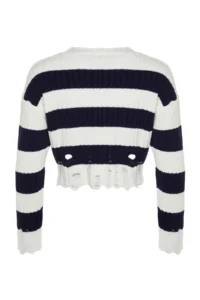 TRENDYOLMİLLA Ecru Crop Wide Pattern Striped Flow Detailed Knitwear Sweater - Image 8