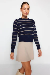TRENDYOLMİLLA NAVY BLUE Simli Striped Knitwear Sweater - Image 3