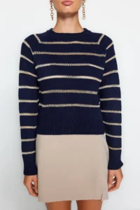 TRENDYOLMİLLA NAVY BLUE Simli Striped Knitwear Sweater - Image 4
