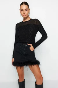 TRENDYOLMİLLA Black Simli Transparan Detailed Knitwear Sweater - Image 2