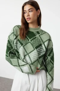 TRENDYOLMİLLA MINT Soft textured Wide Pattern Crop Baklava Patterned Knitwear Sweater
