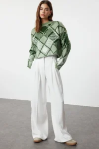 TRENDYOLMİLLA MINT Soft textured Wide Pattern Crop Baklava Patterned Knitwear Sweater - Image 2