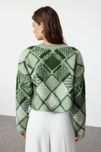 TRENDYOLMİLLA MINT Soft textured Wide Pattern Crop Baklava Patterned Knitwear Sweater - Image 5