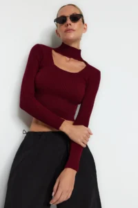TRENDYOLMİLLA Burgundy Crop High Neck Knitwear Sweater