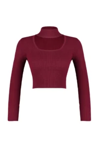TRENDYOLMİLLA Burgundy Crop High Neck Knitwear Sweater - Image 7