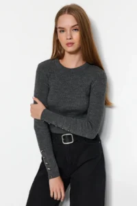 TRENDYOLMİLLA Anthracite Button Detailed Knitwear Sweater - Image 3