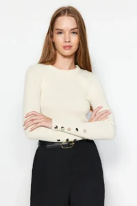 TRENDYOLMİLLA Stone Plain Sleeves Button Detailed Basic Knitwear Sweater