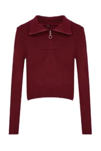 TRENDYOLMİLLA Burgundy Crop Zipper Detailed Knitwear Sweater - Image 6