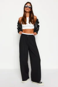 TRENDYOLMİLLA Black Wide Leg Boxer Belt Detailed Knitting Pants