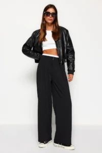 TRENDYOLMİLLA Black Wide Leg Boxer Belt Detailed Knitting Pants - Image 2