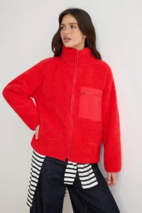 TRENDYOLMİLLA Winter Essentials Red Fleece Zippered Pocket Detail Knitting Cardigan/Sweatshirt