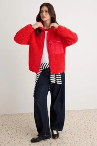 TRENDYOLMİLLA Winter Essentials Red Fleece Zippered Pocket Detail Knitting Cardigan/Sweatshirt - Image 2