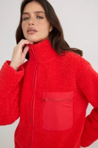 TRENDYOLMİLLA Winter Essentials Red Fleece Zippered Pocket Detail Knitting Cardigan/Sweatshirt - Image 3