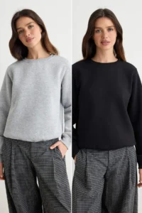 TRENDYOLMİLLA Gray Melange Black 2 Sets Pack Thick Regular Pattern Basic Knitting Sweatshirt with Fleece Inside