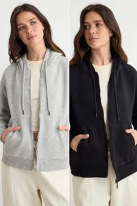 TRENDYOLMİLLA Gray Melange Black 2 Sets Pack Oversized Hooded Fleece Inside Knitting Cardigan/Sweatshirt