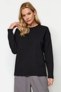 TRENDYOLMİLLA Black 100% Thick Cotton Basic Crew Neck Oversized/Wide Pattern Knitting T-Shirt - Image 5