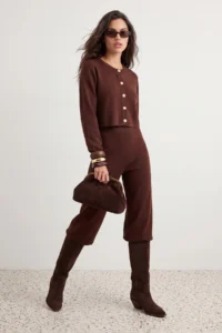 TRENDYOLMİLLA Brown Crop Knitwear Bottom - Top Set - Image 3